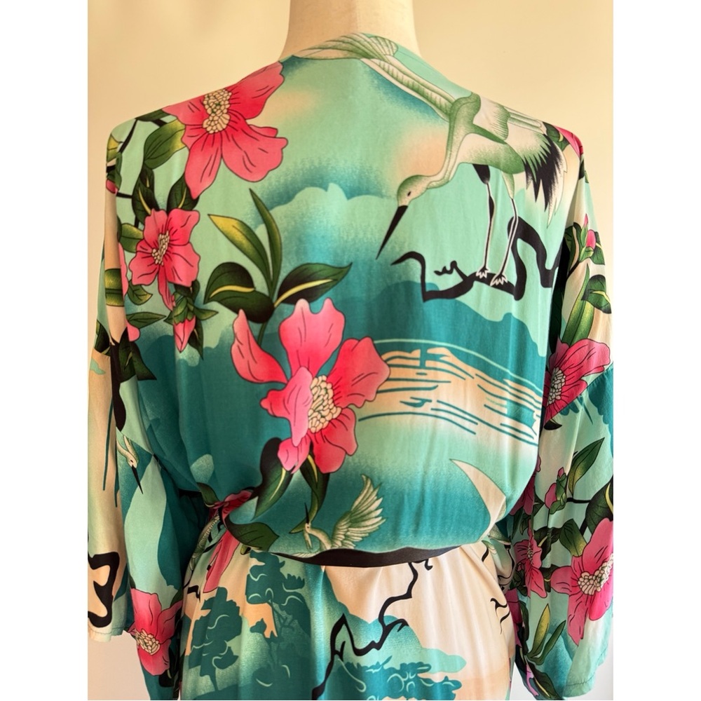 Kimono Robe Asian Print Satin Tie Small Full Length Flowy Festival - Picture 7 of 14
